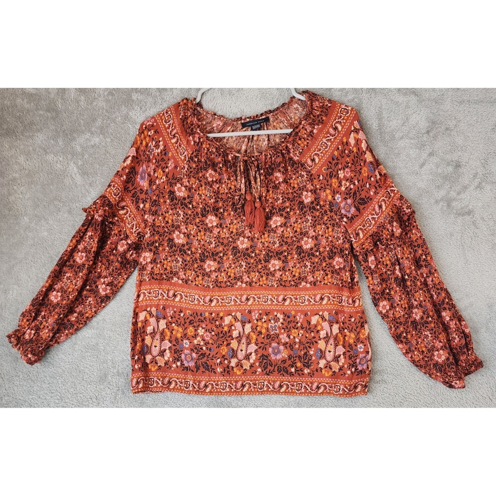 American Eagle Shirt Womens XS Rust Floral Paisley Tassel Peasant Boho Blouse